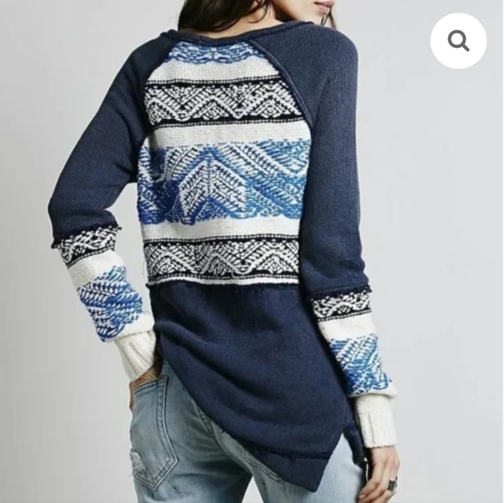 Free People Blue Aztec Tribal Soft Boho Snow Angel Angora Rabbit Hair Sweater S - Picture 2 of 16